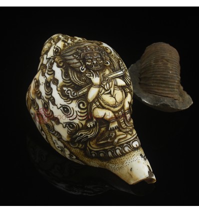 Hand carved  Safu Mahakala Tibetan Ceromonial Conch Shell Horn / Shankha