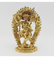 Hand Made Copper Alloy with Gold Gilded and Hand Painted Face 7.25" Simha Mukhi Jogini Statue
