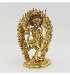 Hand Made Copper Alloy with Gold Gilded and Hand Painted Face 7.25" Simha Mukhi Jogini Statue