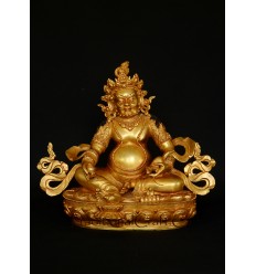 Hand Carved 9.25" Yellow Jambhala Copper Alloy Gold Gilded Antique Finish Statue From Patan, Nepal