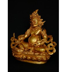Hand Carved 9.25" Yellow Jambhala Copper Alloy Gold Gilded Antique Finish Statue From Patan, Nepal