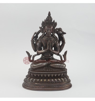 Hand Carved 9.5" Chenrezig / Four Armed Avalokiteshvara Oxidized Copper Alloy  Statue 