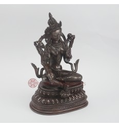 Hand Carved 9.5" Green Tara / Dholma Oxidized Copper Alloy  Statue 