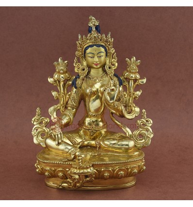 Fine Quality Hand Carved Gold Face Painted 8.5" Green Tara Copper Gold Gilded Statue Patan