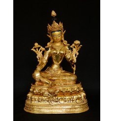 Fine Quality Hand Carved Gold Face Painted 13.5" Green Tara Copper Gold Gilded Statue From Patan, Nepal