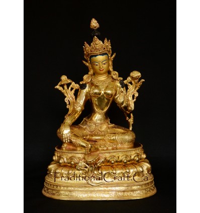 Fine Quality Hand Carved Gold Face Painted 13.5" Green Tara Copper Gold Gilded Statue From Patan, Nepal.