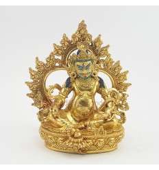Finely Hand Carved Gold Face Painted 7" Yellow Jambhala Copper Gold Gilded Statue from Patan, Nepal