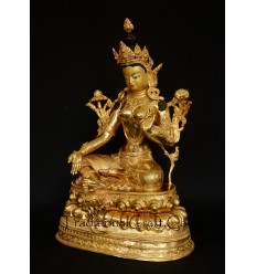Fine Quality Hand Carved Gold Face Painted 13.5" Green Tara Copper Gold Gilded Statue From Patan, Nepal.