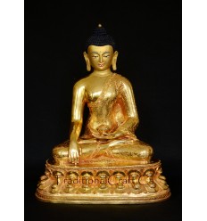 11.25" Shakyamuni Buddha Gold Gilded Face Painted Copper Statue From Patan, Nepal