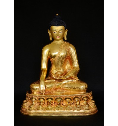 11.25" Shakyamuni Buddha Gold Gilded Face Painted Copper Statue From Patan, Nepal
