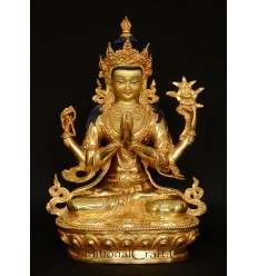 Fine Quality 12" Chenrezig Copper with Gold Gilded Hand Carved Gold Face Painted Statue from Patan, Nepal