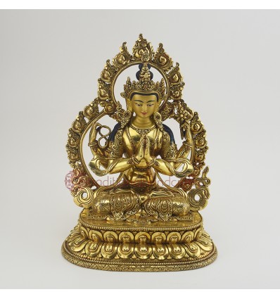 Hand Carved Copper Alloy with Gold Gilded 10.75" Chenrezig / Four Armed Avalokiteshvara Statue