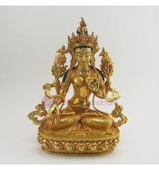 Hand Made Copper Alloy with Gold Gilded 13.75" White Tara Dholkar Statue