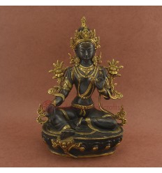Hand Made Oxidized Copper Alloy with Gold Gilded Green Tara Statue Nepal.
