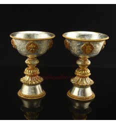 Fine Hand carvings Copper Alloy with Gold & Silver Plated 7.5" Butter Lamps Set