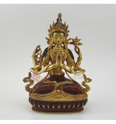 Hand Made Copper Alloy with Partly Gold Gilded 9" Chenrezig Statue