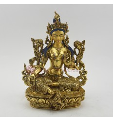 Hand Made Copper Alloy with Gold Gilded 9" Green Tara / Dholma Statue