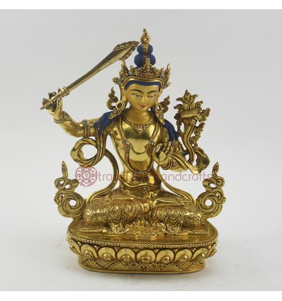 Hand Made Copper Alloy with Gold Gilded 9.5" Manjushri / Jambiyang Statue