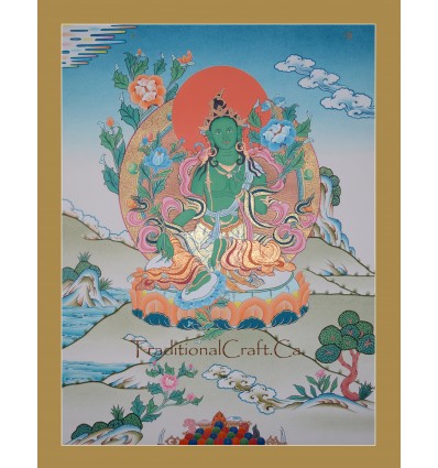 26.25" x 20.25" Green Tara/Dolma Tibetan Buddhist Thangka/Thanka Painting from Patan, Nepal