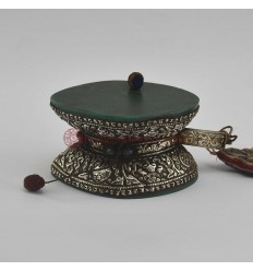 Hand Made  5.25" Damuru Tibetan Buddhist Silver & Gemstone Decorated Damaru Ritual Drum 