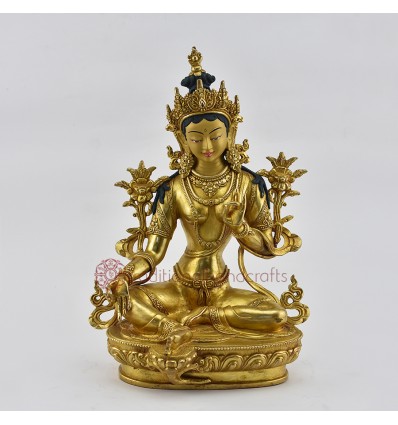 Hand Made Copper Alloy with 24 Karat Gold Gilded Green Tara / Drolma Statue