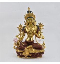 Hand Carved Gold Face Painted 12.5" Green Tara / Drolma  Copper  Alloy Gold Gilded Statue Patan