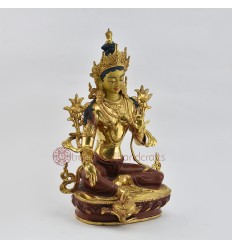 Hand Carved Gold Face Painted 12.5" Green Tara / Drolma  Copper  Alloy Gold Gilded Statue Patan