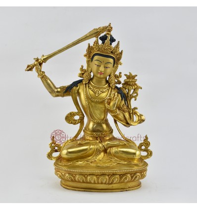 Hand Made Copper Alloy with Partly Gold Gilded 12.5" Manjushri / Jampelyang Statue