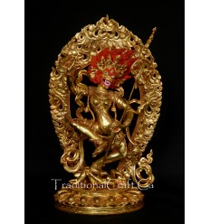 Fine Quality13.25" Simha Mukhi Jogini Dakini Antiquated Gold Gilded Copper Statue Patan