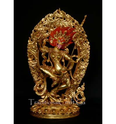 Fine Quality13.25" Simha Mukhi Jogini Dakini Antiquated Gold Gilded Copper Statue Patan