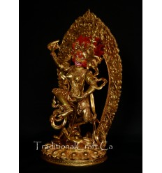 Fine Quality13.25" Simha Mukhi Jogini Dakini Antiquated Gold Gilded Copper Statue Patan