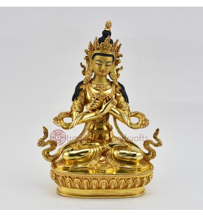 Fine Quality Gold Gilded Hand Carved Face Painted 9" Vajradhara Copper Statue from Patan, Nepal