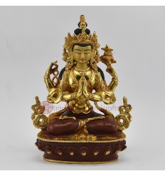 Fine Quality Hand Carved Gold Face Painted 9" Chenrezig Copper Gold Gilded Statue From Patan, Nepal.