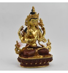 Fine Quality Hand Carved Gold Face Painted 9" Chenrezig Copper Gold Gilded Statue From Patan, Nepal.