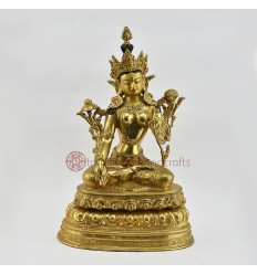  Hand Made Gold Face Painted 13.25" White Tara Copper with Gold Gilded Statue From Patan, Nepal