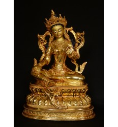 Hand Carved Gold Face Painted 15" Green Tara Copper Gold Gilded Statue From Patan, Nepal.
