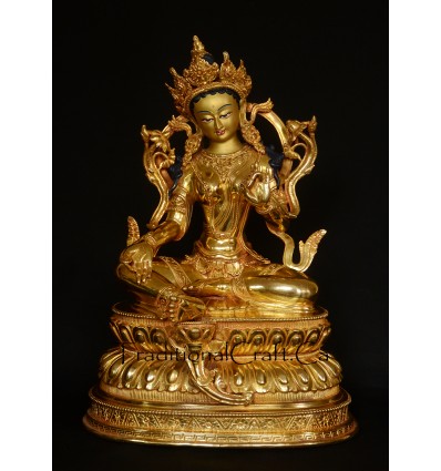 Hand Carved Gold Face Painted 15" Green Tara Copper Gold Gilded Statue From Patan, Nepal.