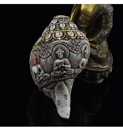 Hand carved  Five Dhyani Buddha Carved Conch Shell Horn / Shankha