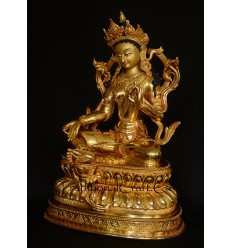 Hand Carved Gold Face Painted 15" Green Tara Copper Gold Gilded Statue From Patan, Nepal.