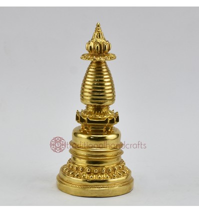 Hand Craved Copper Alloy with 24 Karat Gold Gilded 8" Kadam Style Stupa