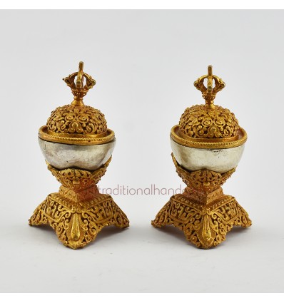 Hand Made Copper Alloy with Gold and Silver Plated 4" Kapala Set