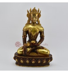 Fine Quality 10.5" Crowned Shakyamuni Buddha Oxidized Antiquated Gold Gilded Copper Statue Patan Nepal