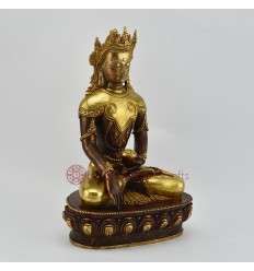 Fine Quality 10.5" Crowned Shakyamuni Buddha Oxidized Antiquated Gold Gilded Copper Statue Patan Nepal