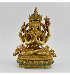 Hand Made Copper Alloy with Gold Gilded 9" Chenrezig Statue