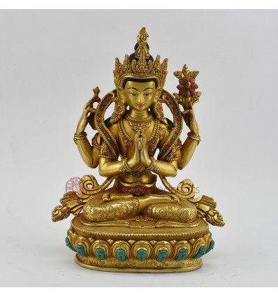 Hand Made Copper Alloy with Gold Gilded 9" Chenrezig Statue