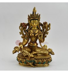 Hand Made Copper Alloy with Gold Gilded 9" Green Tara / Dholma Statue
