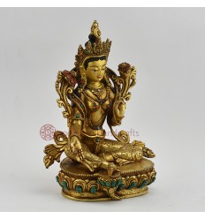 Hand Made Copper Alloy with Gold Gilded 9" Green Tara / Dholma Statue