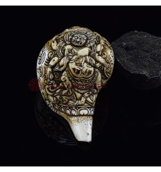 Tibetan Buddhist Hand Carved Black Mahakala Carved Conch Shell Horn