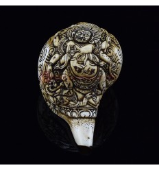 Tibetan Buddhist Hand Carved Black Mahakala Carved Conch Shell Horn