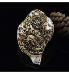 Hand Carved Tibetan Buddhist Khadgapani Shakti Carved Conch Shell Horn